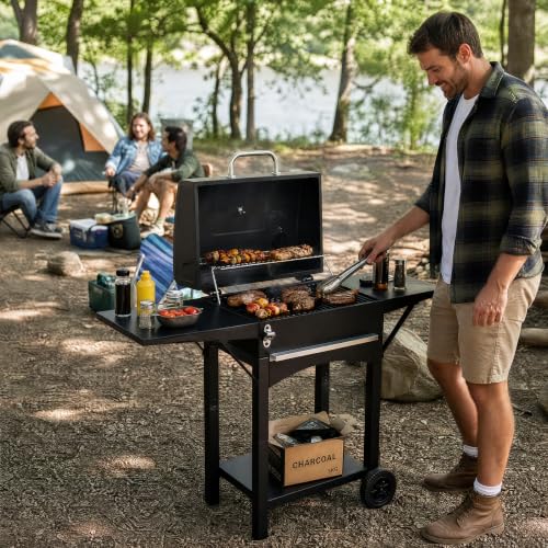 Outvita Charcoal Grill with 2 Side Tables, BBQ Grill with Lid & Chimney