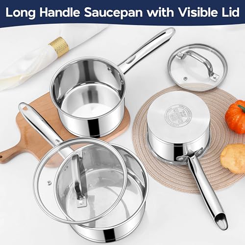 LIANYU 3 qt Saucepan, Stainless Steel Sauce Milk Pan with Visible Lid & Tri-Ply Bottom, Induction Compatible Small Pot for Home & Kitchen Cooking, Boiling, Heavy Duty, Dishwasher Safe