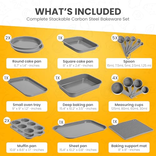 MAISONVISTA Non-Toxic 11-Piece Nonstick Bakeware Set - Professional Carbon Steel Stackable Baking Pans Set, PFOA-Free, Cookie Sheet, Mini Baking Sheet, Roasting Pan, Square, 2 Muffin & 2 Cake Pans