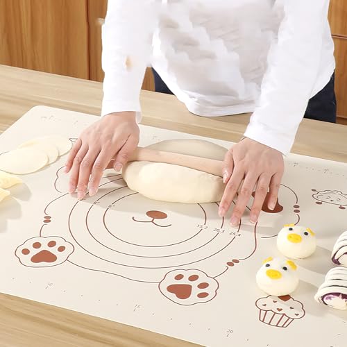Silicone Dough Mat and Scraper, 25.6 Inch x 17.7 Inch Beige Pastry Mat with Size Scale, Anti Stick and Anti Slip Mat for Kneading Baking in Ketchen, Picnic and Party (L)