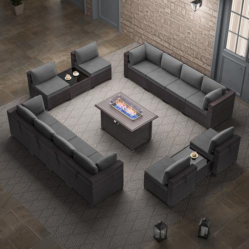 RTDTD 15 Pieces Outdoor Patio Furniture Set,Outdoor Sectional Furniture with 43" 55000 BTU Gas Propane Fire Pit Table,All Weather PE Rattan Wicker Patio Conversation Set,Grey