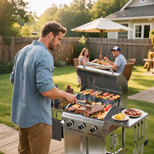 Electactic G31 Gas Grill, 3-Burner Gas Grill with Folding Side Tables,Stainless Steel 24,000 BTU BBQ Grill,Outdoor Propane Grill for Barbecue,Patio,Camping