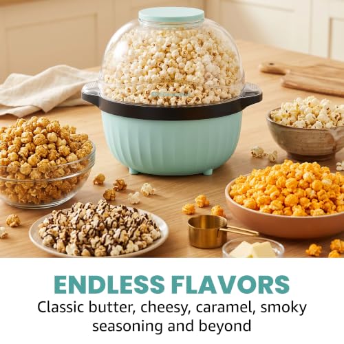 Elite Gourmet 4.5Qt. Stirring Popcorn Maker with Ceramic Coated Plate, Stirring Rod, Clear Cover Doubles as Serving Bowl, Butter Melting Tray, Up to 18 Cups, Makes Fresh Buttery Popcorn, Mint