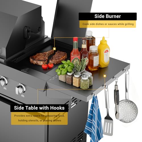CT Copper Tailor 83-inch Outdoor Kitchen BBQ Gas Grill Island, 6 Main Burners, Infrared Rear & Side Burner,99,000 BTU, Stainless Steel, Foldable Side Table, Double Storage Cabinets & 3 Drawers