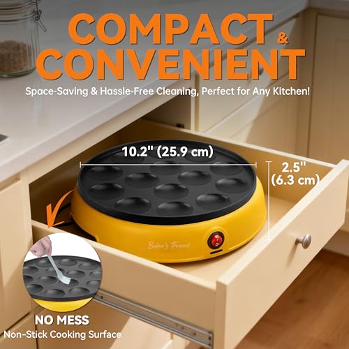 Baker's Friend Mini Pancakes Maker Machine, Dutch Mini Pancake Griddle, 14 Holes Electric Poffertjes Pan, Ideal for Breakfast, Snacks, Desserts & More, Yellow
