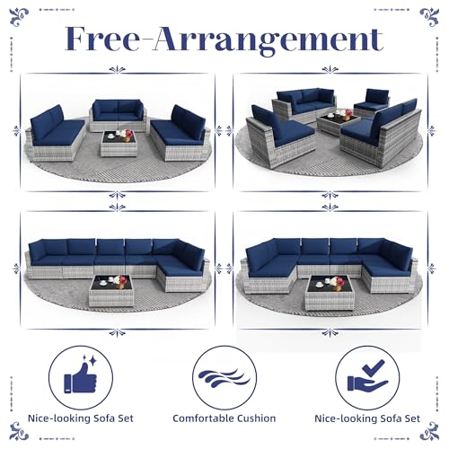 KIGOTY Patio Furniture Set,7 Pieces Modular Outdoor Sectional Sofa, PE Rattan Patio Conversation Set, All Weather Wicker Patio Furniture with Cushions and Coffee Table(Grey White/Dark Blue)