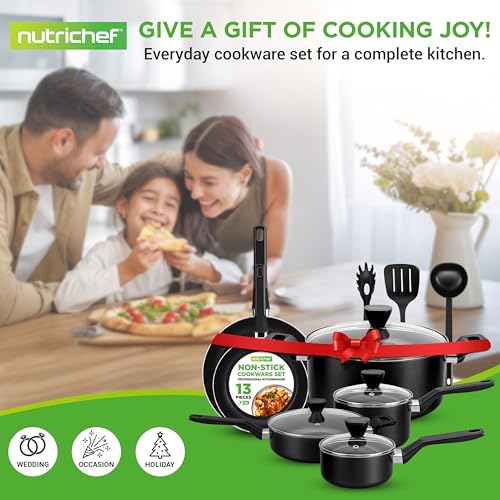 NutriChef 13-Piece Nonstick Cookware - Heat Resistant Kitchen Ware Set w/Saucepan, Frying Pans, Cooking Pots, Casserole, Lids, Ladle, Fork, Strainer - NCCWA13, Black