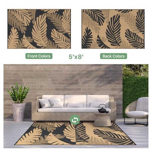GENIMO Waterproof Outdoor Rug 5' x 8' for Patio Decor, Reversible Plastic Straw Area Rugs for Camping Clearance, RV Mat, Large Outside Carpet for Porch, Deck, Picni, Balcony, Garden, Black & Brown