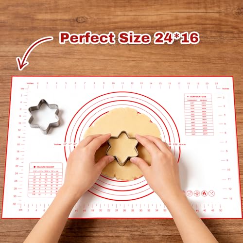 Silicone Baking Mat - 0.7mm New Upgraded Non-slip and Reusable Pastry Mat for Rolling Out Dough, Non Stick Silicone Mats with Measurements for Cookies, Macaroon, Bread, Pastry (Red)