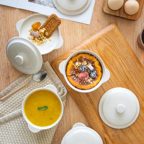 4-Pack Ceramic Mini Cocotte Set, 10 Oz Stoneware Casserole Dishes with Handles & Lids, Oven-Safe Ramekins for Soufflé, Soup, Cobbler & Baking, Individual Serving Bakeware, Off White