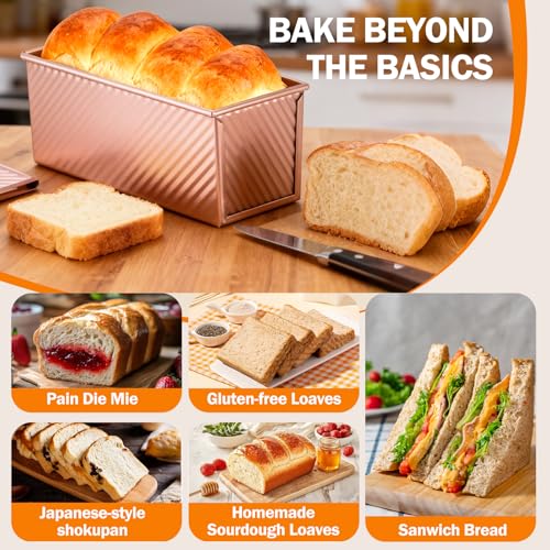Gicyiit Pullman Loaf Pan with Lid, 13x4 inch, Premium 2.2LB Nonstick Sandwich Bread Loaf Pan for Homemade Sourdough Bread, Heavy Duty Carbon Steel Corrugated Toast Box with Cover for Baking, Bakeware