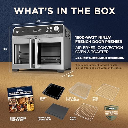 Ninja | French Door Premier Air fry Oven | 10-in-1 functions | 20.3-qt capacity | 5-qt Air Fry Basket, Sheet Pan, Wire Rack, Broil Rack | PFAS-free, Dishwasher-Safe Accessories | Black | FO101BK