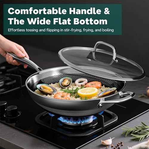 Wok Pan, 13-Inch Stainless Steel Woks & Stir-Fry Pans Nonstick, Wok Pan with Lid for Induction, Hybrid,Electric, Gas, Halogen, All Stoves, Professional PFOA Free Cookware, Dishwasher & Fast Heat