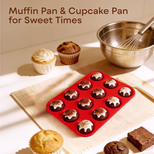 Ruinovate Silicone Muffin Pans for Baking Nonstick 2 Pcs, 12 Cup Regular Cupcake Pan, Food-Grade Silicone Baking Molds for Cupcakes, Egg Bites, Freezer, Red