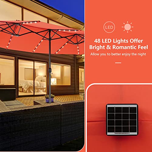 Tangkula 11 Pieces Rattan Outdoor Dining Set with 15Ft Solar Patio Umbrella for 8, Outdoor Wicker Table Set with 8 Cushioned Chairs, Acacia Wood Top, Outdoor Umbrella with Base Included