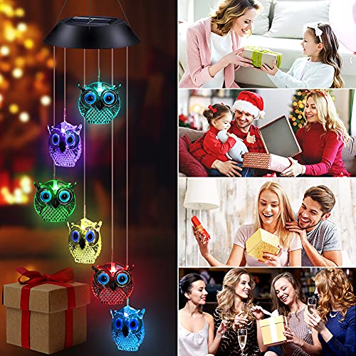 Solar Wind Chimes, Owl LED Solar Powered Wind Chimes Lamp Color Changing Waterproof Garden Chimes with Hook for Outdoor Indoor Patio Yard Deck Grandma Mom