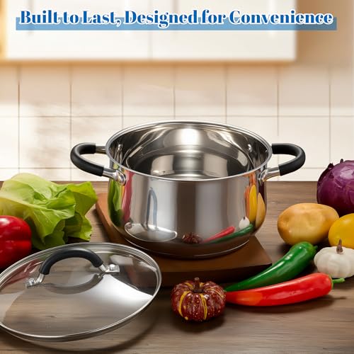 E-far 5Qt Stainless Steel Pot, Stock Pot with Glass Lid for Cooking Pasta Soup Sauce, Tri-Ply Induction Thick Base & Cool-Touch Handles, All Stoves & Dishwasher Safe
