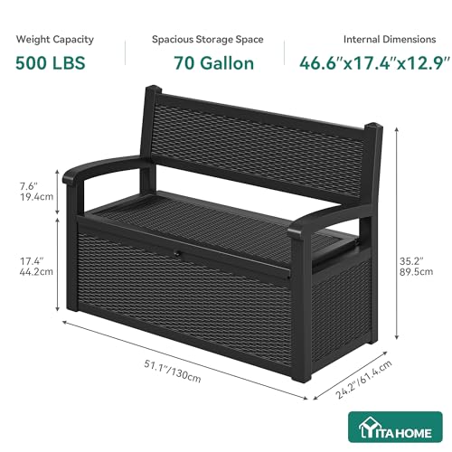 YITAHOME 70 Gallon Deck Bench with Storage, Outdoor Storage Box Bench with Armrests for Patio Garden Pool Porch, Waterproof&Lockable, Black