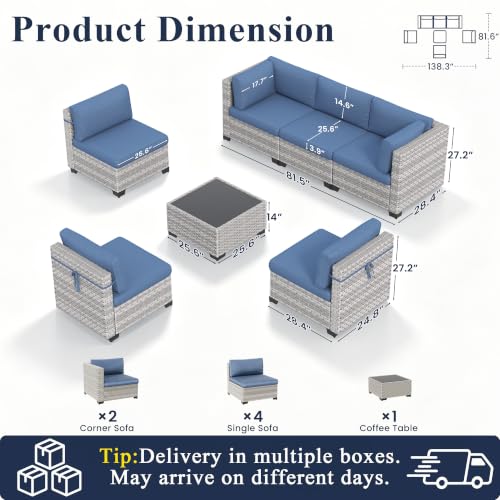 MAISON BACKYARDS 6-Seat Modular Patio Furniture Set – Outdoor Wicker Sectional Sofa with Thick 4″ Cushions, Dual-Strand PE Rattan, Rust-Resistant 18 mm Steel Frame, Backyard Garden Deck Lounge,Navy