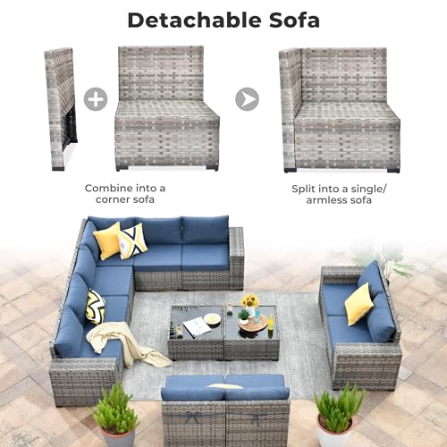 ovios 12 Pieces Patio Furniture Set, Outdoor Wicker Sectional Sofa with Coffee Table Comfy Cushions, Modern Modular Deep Seat Couch Rattan Conversation Set, Denim Blue