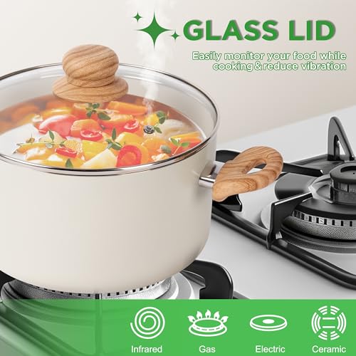ONGIFT 23 Pcs Pots and Pans Set Nonstick, Kitchen Cookware Sets, with Frying Pan, Saucepan, Saute Pan, Lightweight Cooking Set with Stay-Cool Wood Print Handles, NO PFAS and PFOA, Light Wood