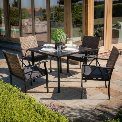 Andehomy 5-Piece Patio Dining Set for 4, Outdoor Dining Set with 4 Wicker Patio Dining Chairs with Cushions & 1 Black Square Woodgrain Dining Table with 1.75" Market Umbrella Hole, Black & Brown