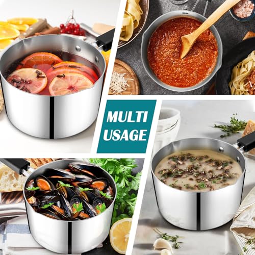 P&P CHEF 3 Quarts Sauce Pan and Pot with Lid, Tri-Ply Stainless Steel Saucepan Cookware for Induction & Multi Stoves, Heat-proof Handle & Visible Glass Lid, Dishwasher Safe