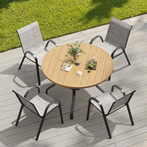 Soohow Patio Dining Set for 4, 5-piece Outdoor Dining Set 4 x Stackable Patio Chairs & 1 x Wood-Like Round Table with Umbrella Hole, All-Weather Outdoor Table and Chairs for Backyard, Balcony, Porch