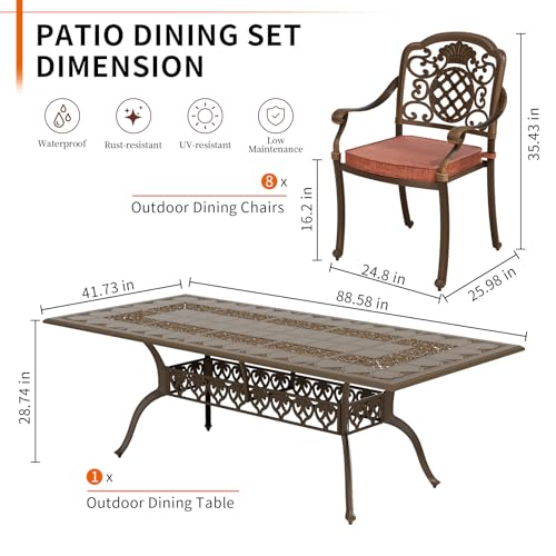 ADREAK 9-Piece Patio Furniture Dining Set, All-Weather Cast Aluminum Outdoor Table and Chairs for 8, Includes 88โโRectangular Dining Table & 8 Stackable Cushioned Dining Chairs, Red