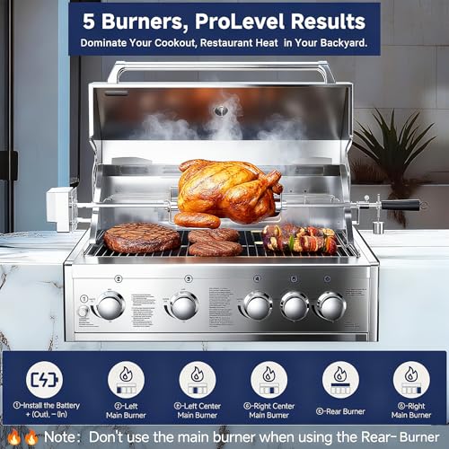 BODEGA Gas Grill Built-In Head, 30-Inch 5-Burner Propane Grill, LP Gas & Natural Gas Convertible, Heavy Duty 304 Stainless Steel 58000-BTUs BBQ Island Kitchen Gas Grill Outdoor Cooking.