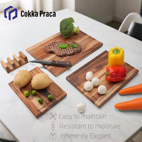 Cokka Praca Non Toxic Acacia Wood Cutting Board Set with Stand | 3 Pcs Knife-Friendly Non-Slip Wooden Cutting Boards for Kitchen | 0.7″Thick Butcher Block | Solid Chopping Boards with Juice Groove