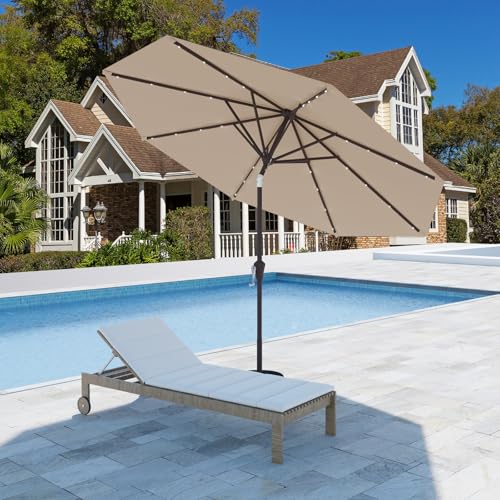 Tobeos 9FT Patio Umbrella with Solar Lights,Outdoor Market Umbrella with Tilt and Crank, LED Lighted Table Umbrella for Garden,Deck,Backyard,Pool,Beach (Beige)