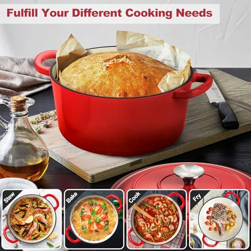 P&P CHEF 7QT Enameled Dutch Oven, Cast Iron Dutch Oven Pot with Lid for Bread Baking, Enameled Casserole Pot for Roasting Braising Stewing Frying Simmering, Various Stoves & Easy Clean, Red