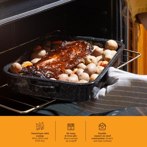 Granite Ware Open Roasting Pan with Flat Rack (Speckled Black) - Accommodates up to 25 lb poultry or roast.