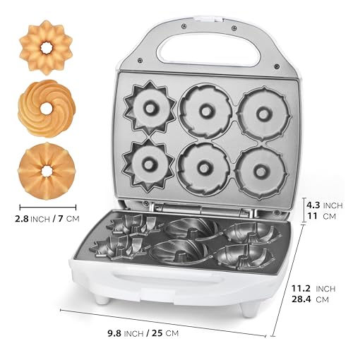 SugarWhisk Mini Donut Maker Machine, Electric Mini Bundt Cake Pan, Bake 6 Bundt Doughnuts with 3 Shapes, Excellent for Breakfast, Snacks, Desserts & More