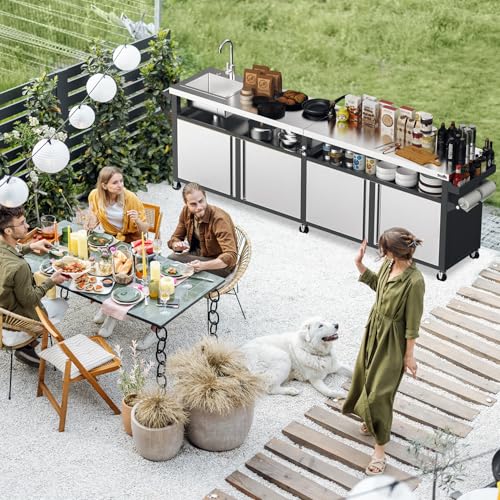 Stanbroil Rolling Outdoor Kitchen Island with Stainless Steel Table Top & Storage Cabinets, Sink&Faucet Included, Extra Large