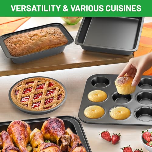 Zapstarz 5 Pieces Baking Pans Set, Nonstick Baking Sheet Tray Oven Pans Bakeware Set, Baking Supplies with Round/Square Cake Pan, Muffin Pan, Loaf Pan, Roast Pan, Stackable Baking Sets for Cooking