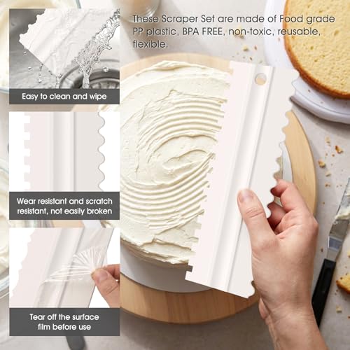 Armrouns 4 Pcs Cream Cake Scraper set, Plastic Decorating Sawtooth for baking, Sided Patterned Edge Stripe Edge Mousse Butter Cake Edge Tools Icing Smoother Kitchen Baking Cake Edge DIY Tool