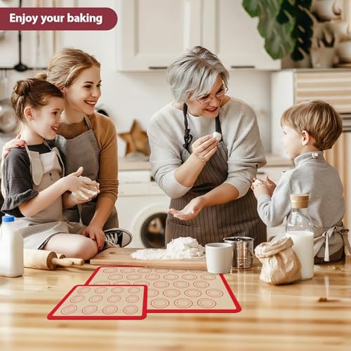 Macaron Silicone Baking Mats, 3 PCS Non Stick Macaroon Mat Silicone for Macarons, Cookie, Pastry, Red