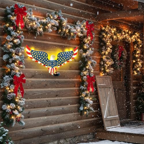 23" American Eagle Metal Wall Art with Solar Lights Outdoor - 4th of July Decorations Outdoor | Led-lit Patriotic Sculpture with American Flag | Solar Powered Independence Day Decor for Yard & Porch