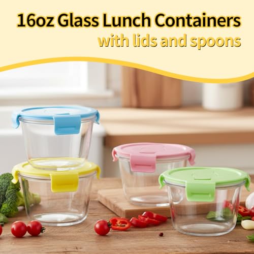 S.ROKE TTAN 2 Cup Round Glass Soup Container with Lids and Spoons, 16oz Round Food Containers set, BPA-Free Small Borosilicate Glass Meal Prep Bowls for Leftover, Office. Oven, Freezer Safe (4 Pack)