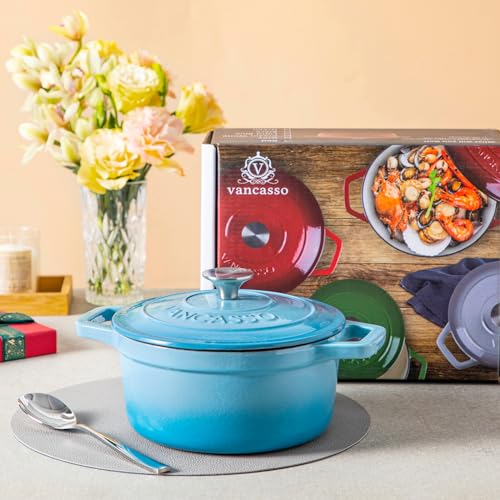 vancasso Enameled Cast Iron Dutch Oven, 2.5 QT Blue Naturally Non-Stick Casserole Dish Cookware, with Stainless Steel Knob Lid Cast Iron Casserole for Steam Braise Bake Broil Saute Simmer Roast