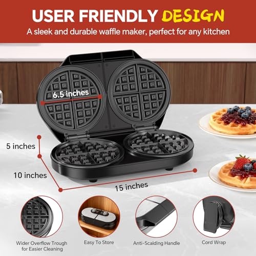 Double Waffle Maker, 6.5" Dual Waffle Iron, 1200W Belgian Waffle Maker with Nonstick Plates, 2 Independent 5-Level Adjustable Temp Knobs, Easy to Clean, Stainless Steel