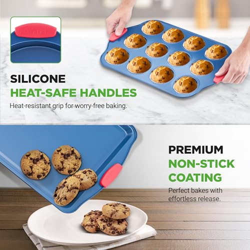 NutriChef 6-Piece Bakeware Set - Nonstick Carbon Steel Baking Pans with Red Silicone Handles, Blue Coating, Durable & Stain-Resistant, Perfect for Baking Cakes, Muffins, Cookies (Blue)