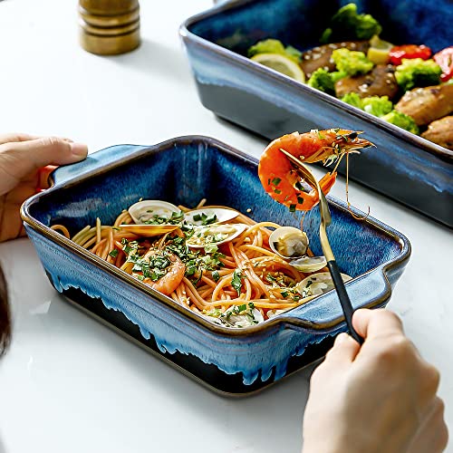 KOOV Bakeware Set, Ceramic Baking Dish, Rectangular Casserole Dish, Lasagna Pan, Baking Pans for Cooking, Cake Dinner, Kitchen, 9 x 13 Inches, Reactive Glaze 3-Piece (Nebula Blue)