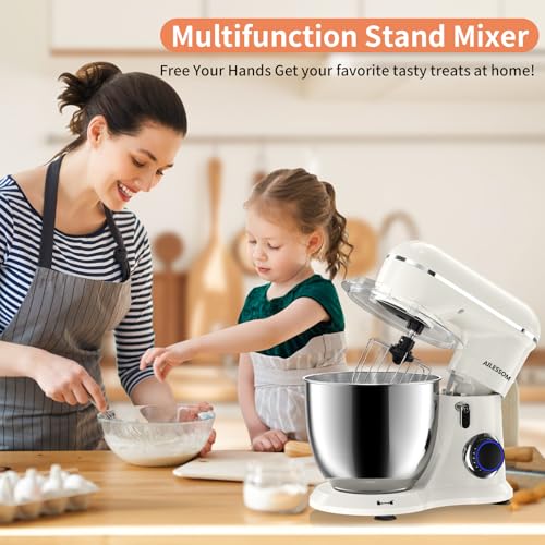 SAMSAIMO 3-IN-1 Electric Stand Mixer, 10-Speed With Pulse Button, Attachments include 6.5QT Bowl, Dough Hook, Beater, Whisk for Most Home Cooks (Almond Cream)