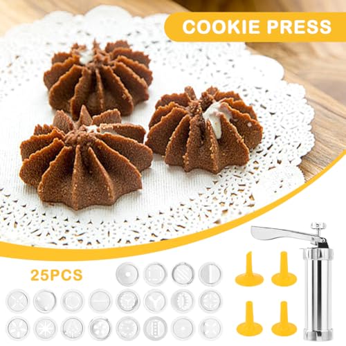 Stainless Steel Cookies Press Gun Manual Churro Maker Machine Churro Maker Kit with 20 Cookie Discs and 4 Piping Tips for DIY cake Makers Decorating Baking Supplies(Silver,Size:16.5x5cm/6.5x1.97inch)