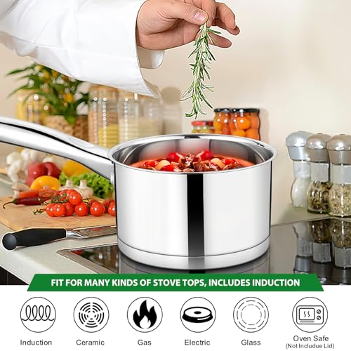 TeamFar 2 qt Saucepan with Lid, Stainless Steel Small Sauce Milk Pan with Tri-ply Bottom for Induction/Gas/Electric/Ceramic, Healthy & Heavy Duty, Mirror Finish & Straight Side, Dishwasher Safe