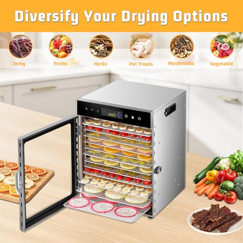 Food Dehydrator Machine with 12 Stainless Steel Trays, 800W Dual-Fan Dehydrator for Home, 24H Timer, 86-194℉ Temperature Control, LED Digital Dispiay for Jerky, Fruit, Vegetable, Herbs, and Dog Treats