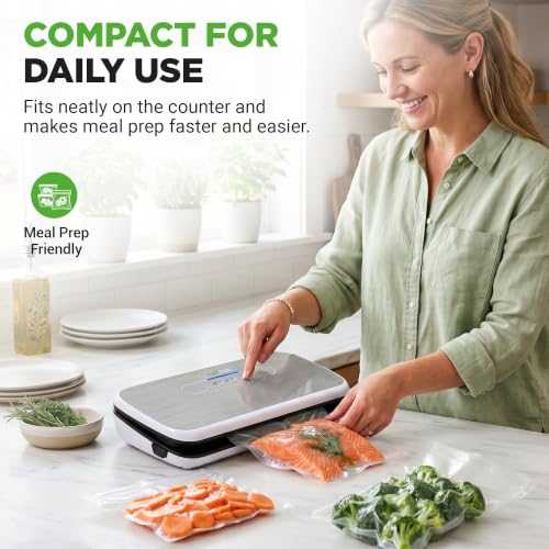 NutriChef Automatic Vacuum Air Sealing System for Food Preservation with Starter Kit, Compact Design, Lab Tested, Dry & Moist Food Modes with Led Indicator Lights, Silver